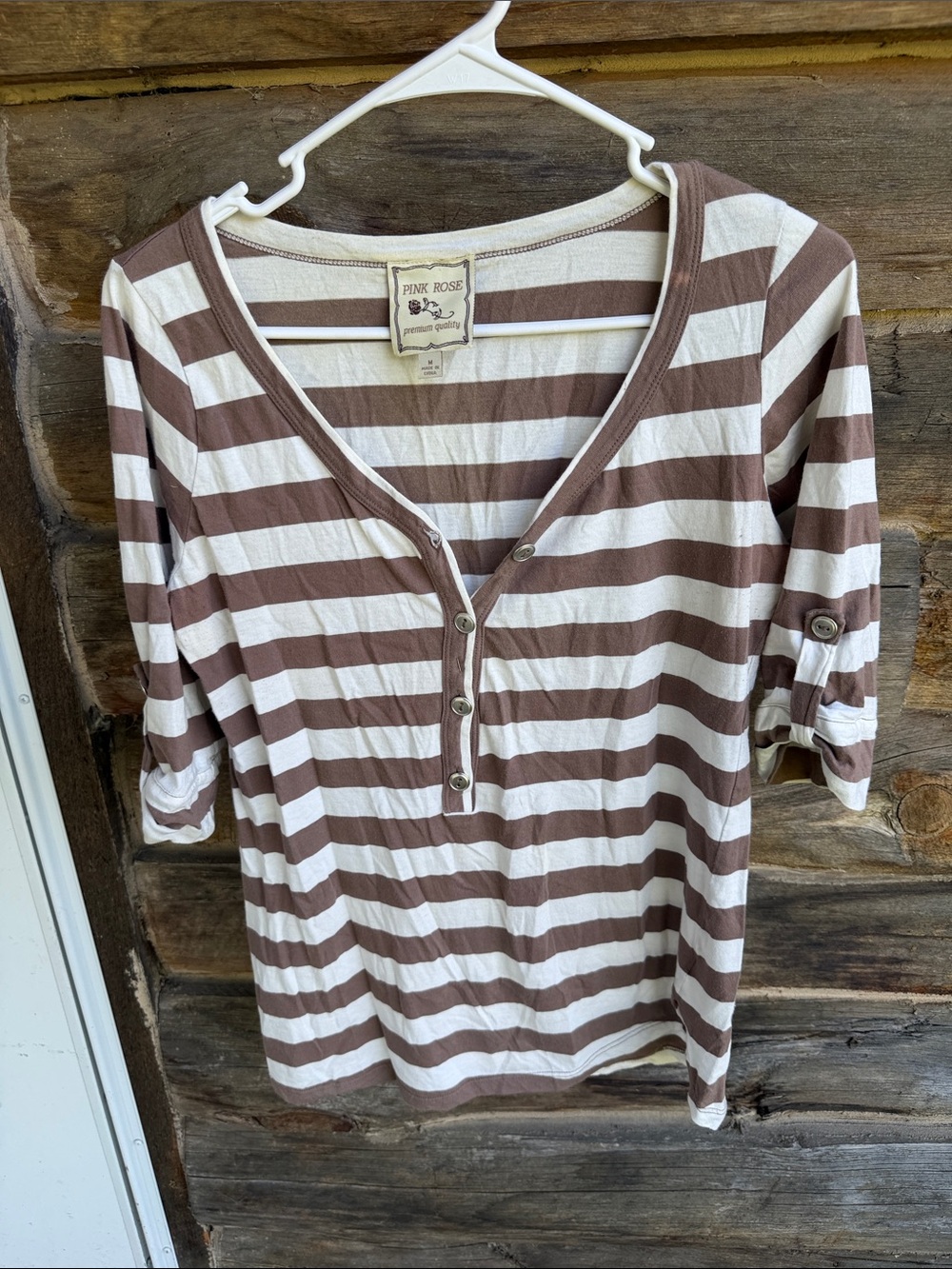 Pink Rose Brown & White Striped Henley Roll-Tab Top